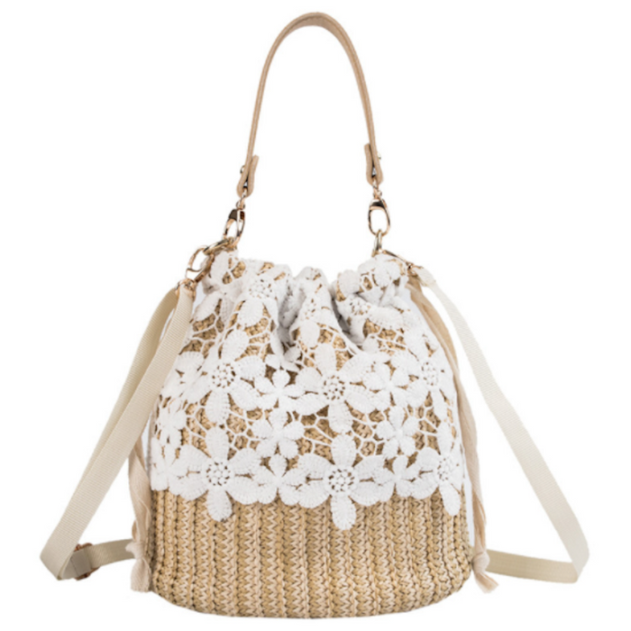 Summer Lace-Trimmed Straw Bucket Bag for a Chic Seasonal Look: beige, white handbag, feminine, bohemian style