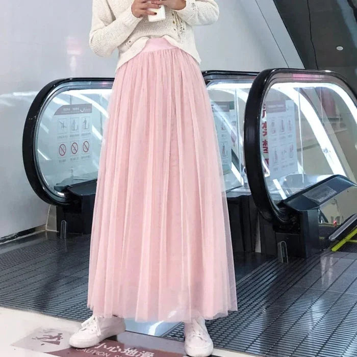 Summer Long Skirt with Elastic Waistband and 3 Layers: pale mint green, white pleated maxi skirt, feminine, airy style