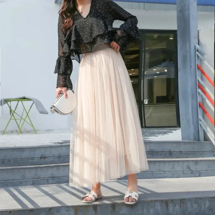 Summer Long Skirt with Elastic Waistband and 3 Layers: pale mint green, white pleated maxi skirt, feminine, airy style