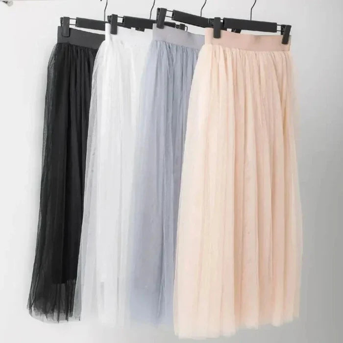 Summer Long Skirt with Elastic Waistband and 3 Layers: pale mint green, white pleated maxi skirt, feminine, airy style