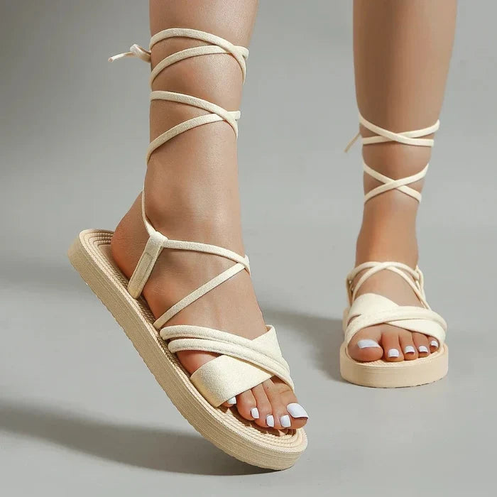 Summer Strappy Sandals for Women: cream, beige lace-up platform sandals, minimal casual style