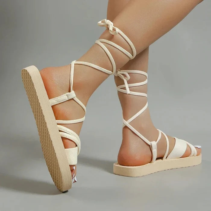 Summer Strappy Sandals for Women: cream, beige lace-up platform sandals, minimal casual style