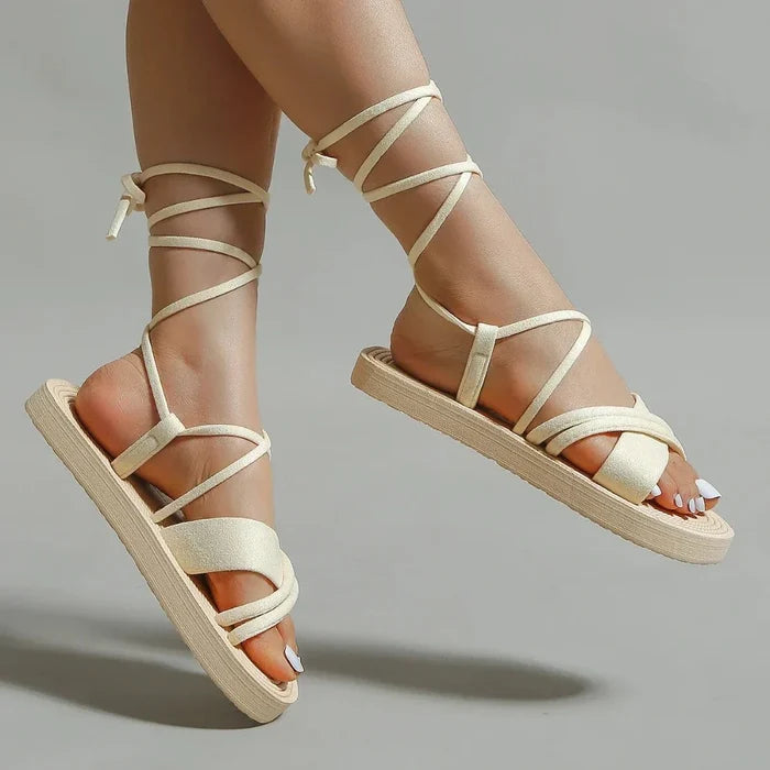 Summer Strappy Sandals for Women: cream, beige lace-up platform sandals, minimal casual style