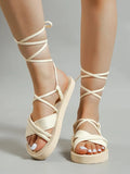 Summer Strappy Sandals for Women: cream, beige lace-up platform sandals, minimal casual style