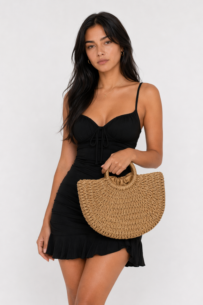 Summer Top Handle Circular Straw Bag Khaki