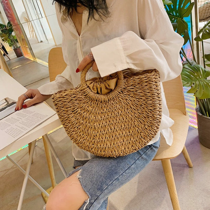 Summer Top Handle Circular Straw Bag: tan brown, light cream woven handbags, minimal natural style