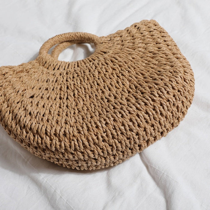 Summer Top Handle Circular Straw Bag: tan brown, light cream woven handbags, minimal natural style