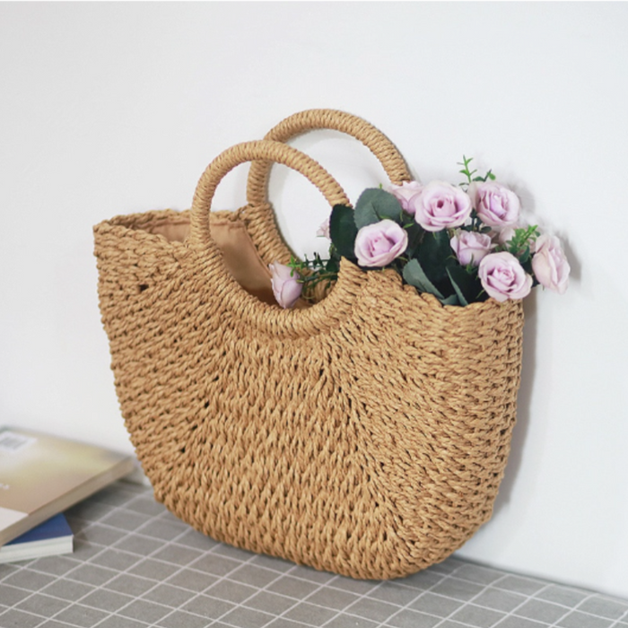 Summer Top Handle Circular Straw Bag: tan brown, light cream woven handbags, minimal natural style
