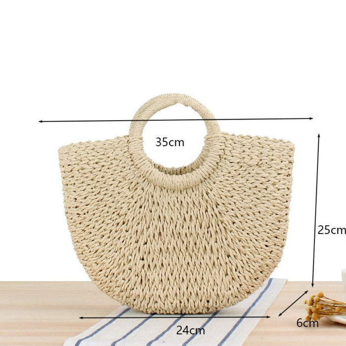 Summer Top Handle Circular Straw Bag: tan brown, light cream woven handbags, minimal natural style