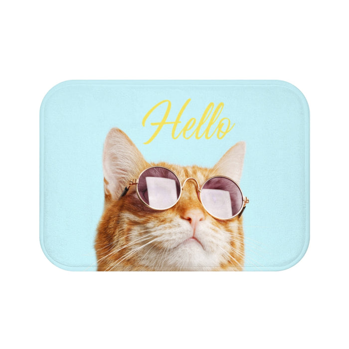 Sunglasses-Wearing Cat Bath Mat: light blue, orange orange-and-white cat, cute cartoon-like photo print style