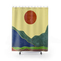 Sunshine State Shower Curtains: pale yellow, dark blue stylized mountain landscape with sun, minimal abstract landscape style