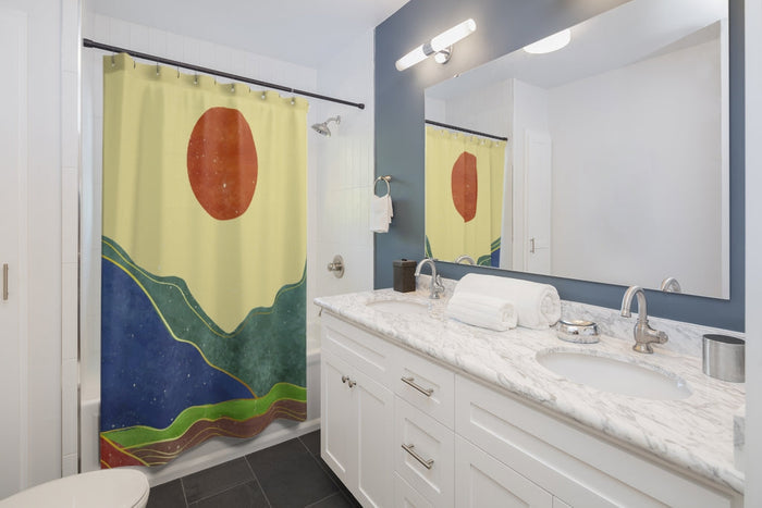 Sunshine State Shower Curtains: pale yellow, dark blue stylized mountain landscape with sun, minimal abstract landscape style