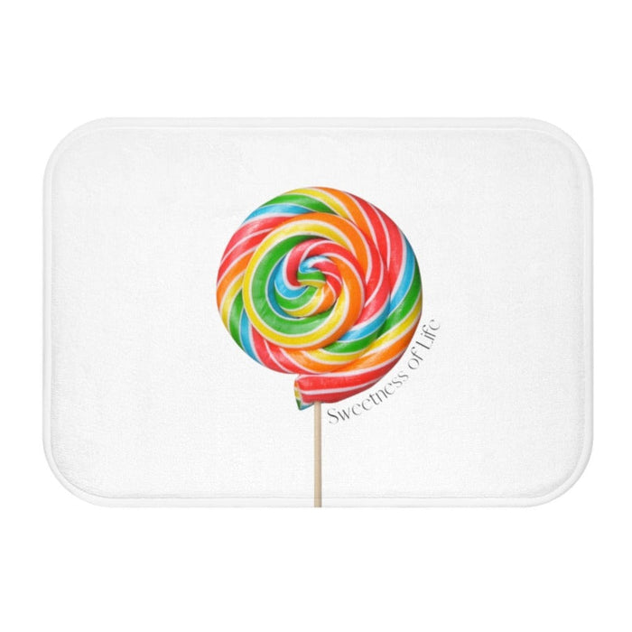 Sweetness of Life Bath Mat, White Message Design: white, red rainbow swirl lollipop, colorful cartoon style