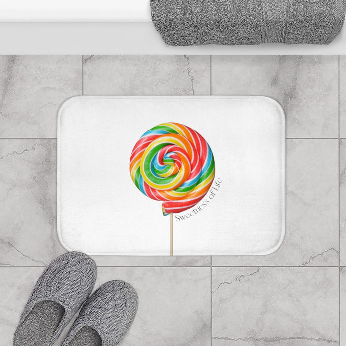 Sweetness of Life Bath Mat, White Message Design: white, red rainbow swirl lollipop, colorful cartoon style