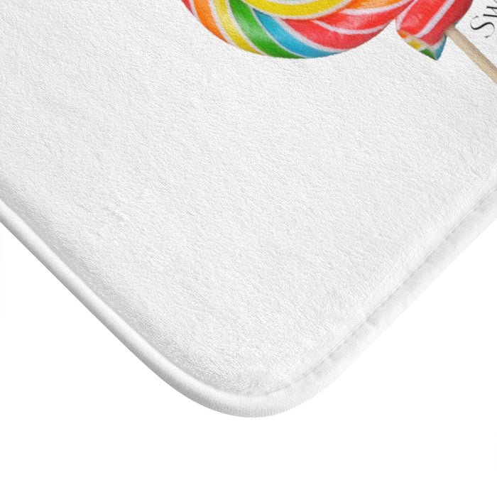 Sweetness of Life Bath Mat, White Message Design: white, red rainbow swirl lollipop, colorful cartoon style