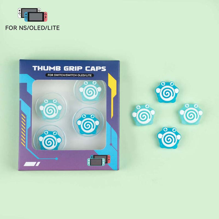 Switch Anime Thumb Grips with Personality: turquoise, white cartoon paw-print design, cartoon kawaii style