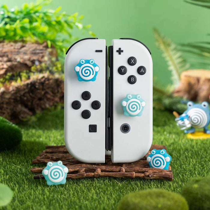 Switch Anime Thumb Grips with Personality: turquoise, white cartoon paw-print design, cartoon kawaii style