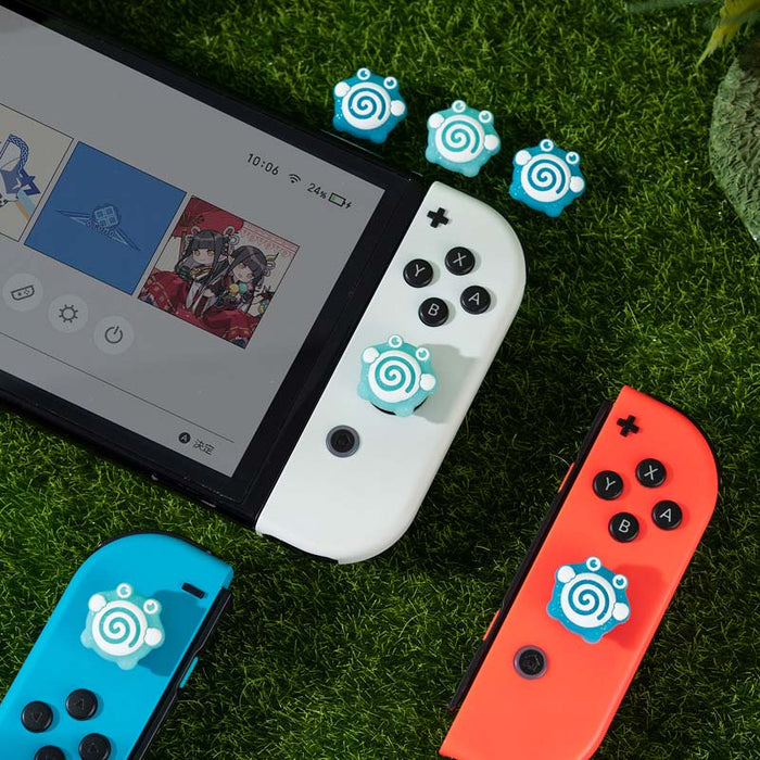 Switch Anime Thumb Grips with Personality: turquoise, white cartoon paw-print design, cartoon kawaii style