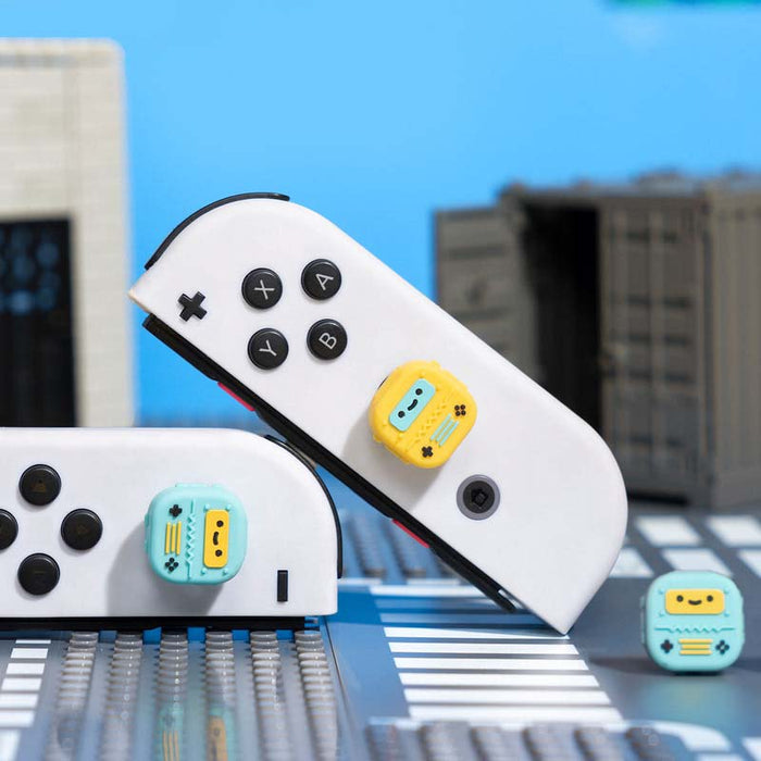Switch Robot Thumb Grips for Gamers: mint green, teal handheld game controller with detachable side controllers, kawaii carto