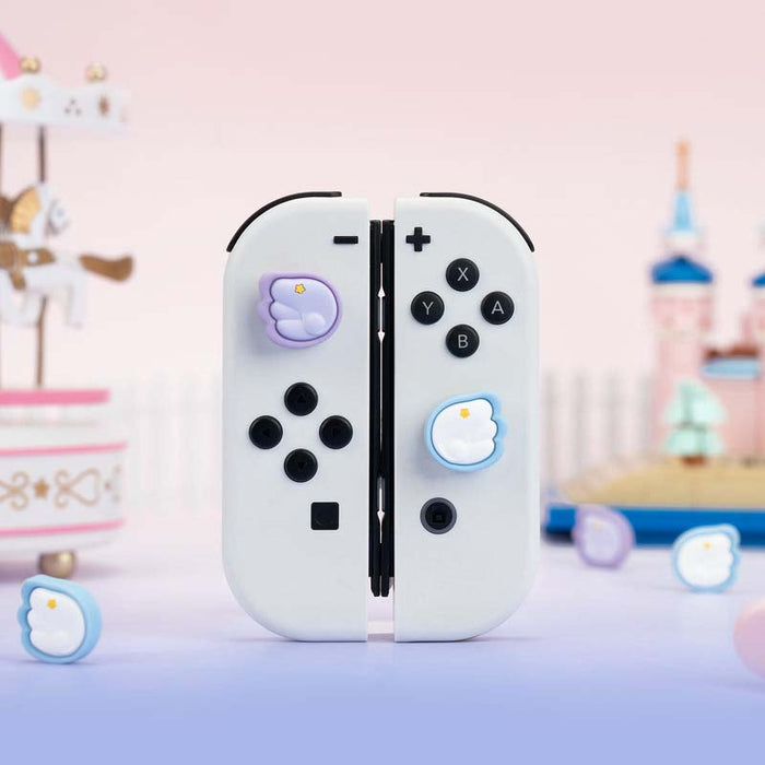 Switch Thumb Grips with Angel Wings: lavender, light blue cloud theme, cute cartoon pastel style