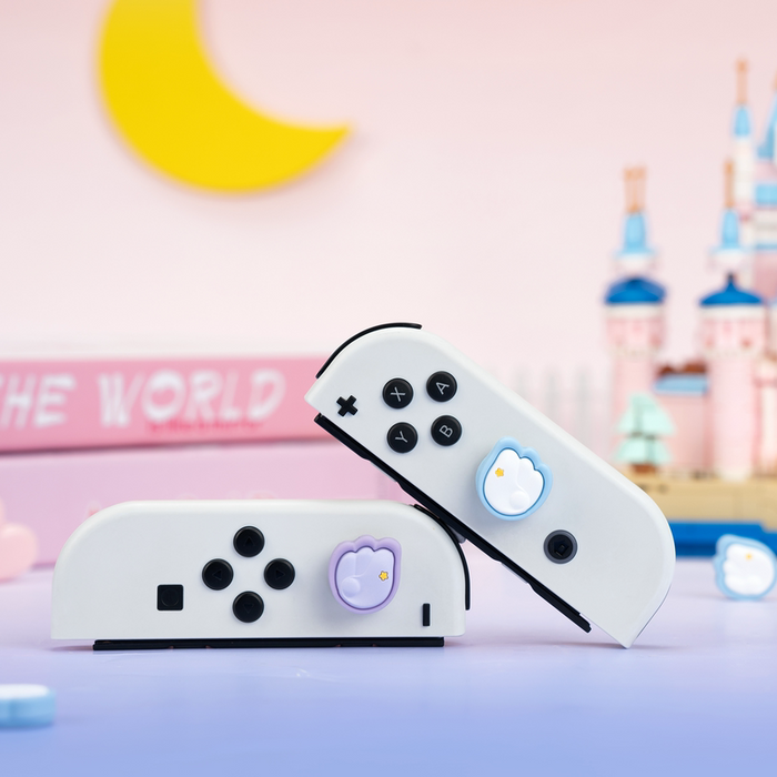 Switch Thumb Grips with Angel Wings: lavender, light blue cloud theme, cute cartoon pastel style