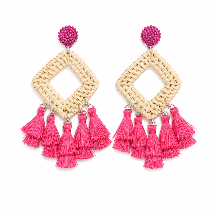 Tassel Rattan Dangle Earrings Pink