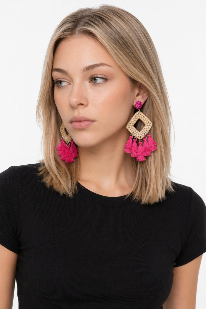 Tassel Rattan Dangle Earrings Pink