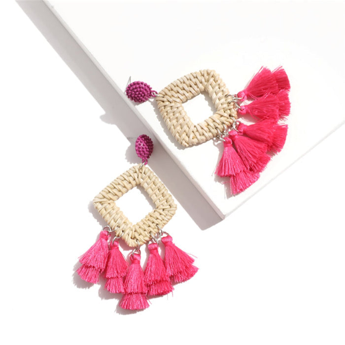 Tassel Rattan Dangle Earrings: natural beige, bright pink dangle earrings, boho style
