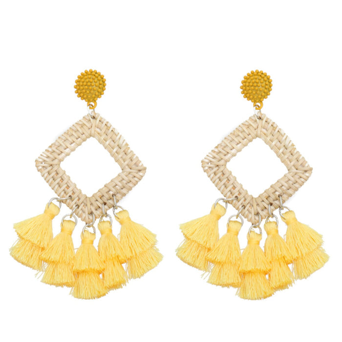 Tassel Rattan Dangle Earrings: natural beige, bright pink dangle earrings, boho style