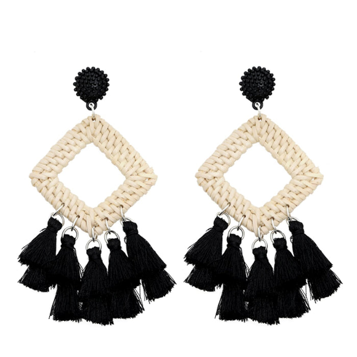 Tassel Rattan Dangle Earrings: natural beige, bright pink dangle earrings, boho style