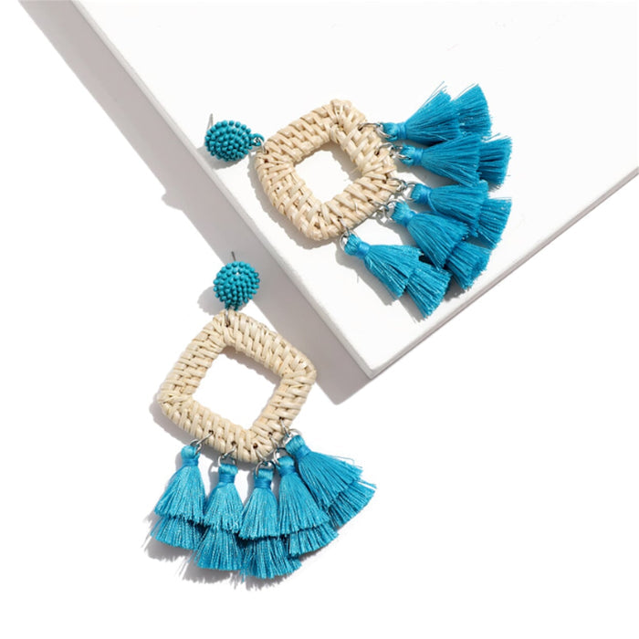 Tassel Rattan Dangle Earrings: natural beige, bright pink dangle earrings, boho style