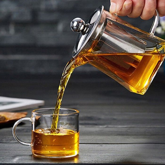 Tea Pot with Stainless Steel Strainer for Brewing Hot Beverages: silver, gray perforated metal filter basket, functional indu