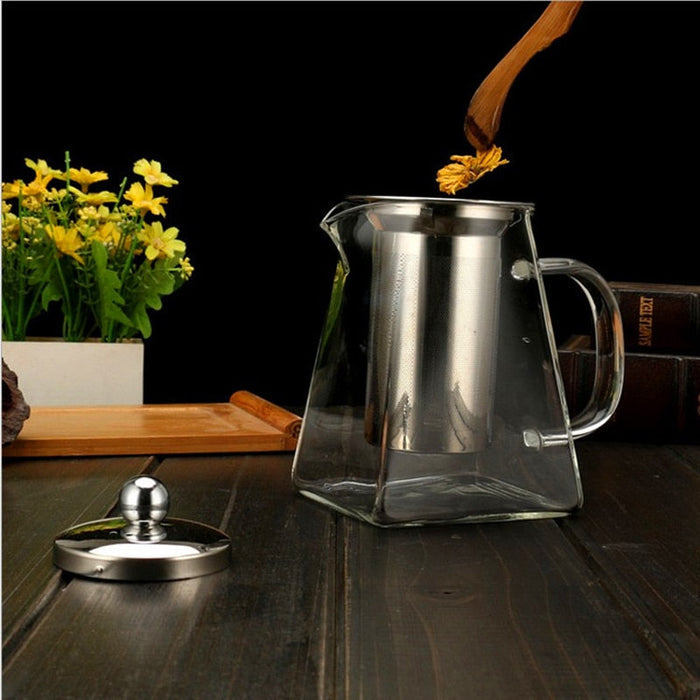 Tea Pot with Stainless Steel Strainer for Brewing Hot Beverages: silver, gray perforated metal filter basket, functional indu