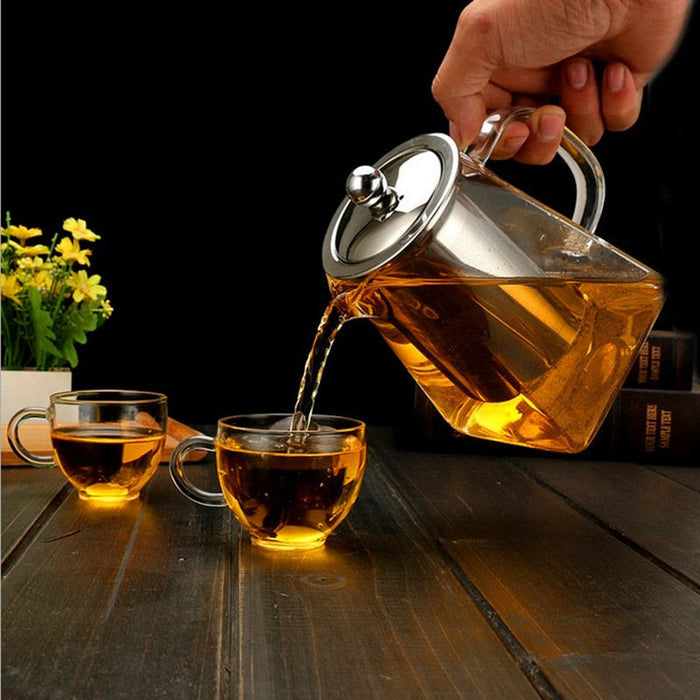 Tea Pot with Stainless Steel Strainer for Brewing Hot Beverages: silver, gray perforated metal filter basket, functional indu