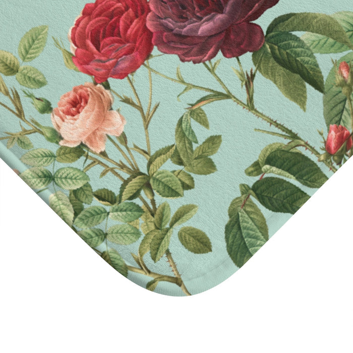 Teal Bath Mat Home Accents, A Delightful Addition to Your Rose Garden: mint green, green floral rose theme, vintage botanical