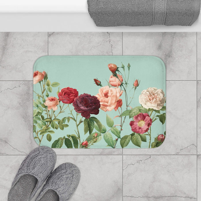 Teal Bath Mat Home Accents, A Delightful Addition to Your Rose Garden: mint green, green floral rose theme, vintage botanical