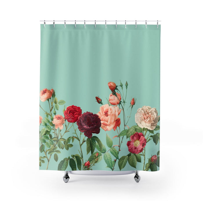 Teal Rose Garden Shower Curtains, Enhance your Home Decor: mint green, red roses and botanical floral pattern, vintage botani