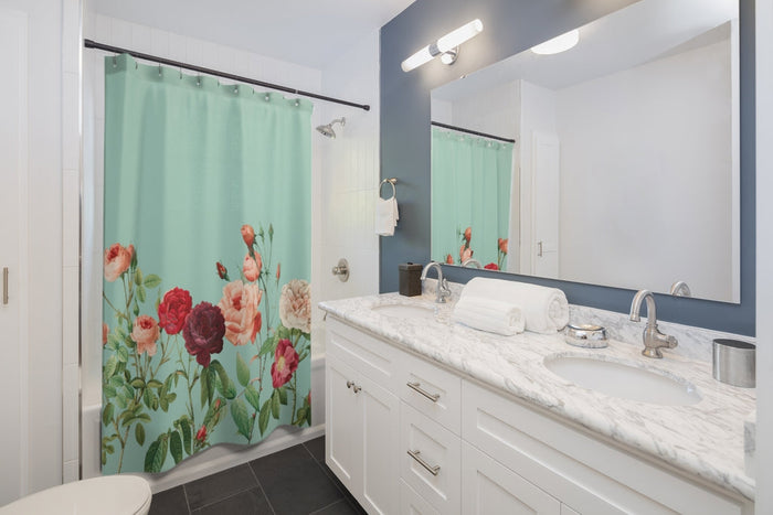 Teal Rose Garden Shower Curtains, Enhance your Home Decor: mint green, red roses and botanical floral pattern, vintage botani