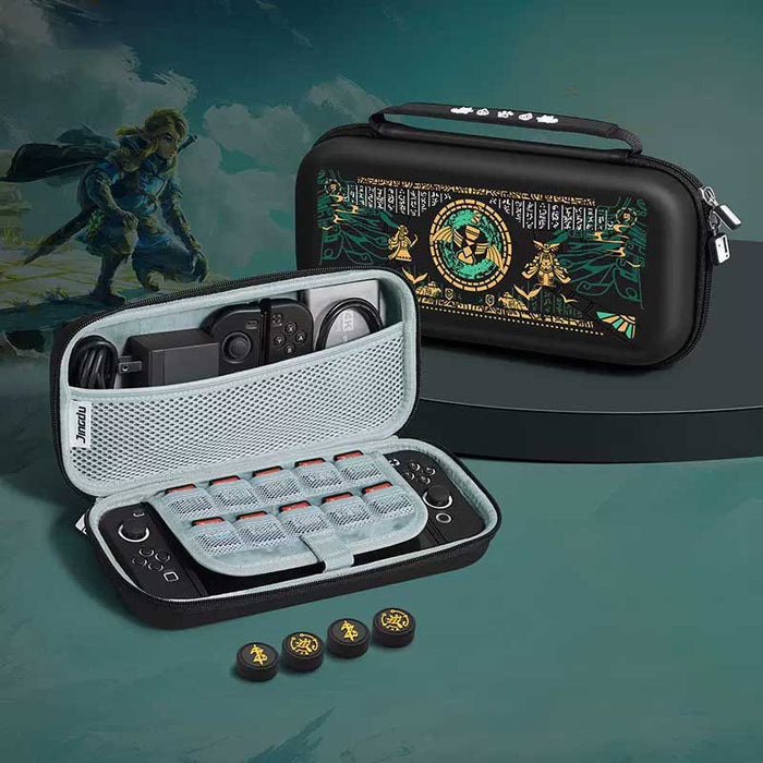 Tears of the Kingdom Switch Carrying Case: black, dark green The Legend of Zelda-themed imagery, game-themed decorative style