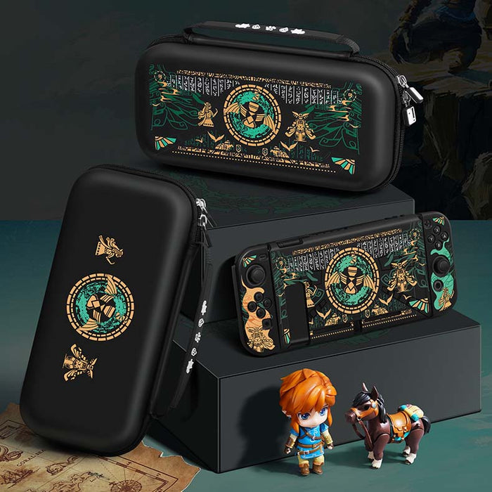 Tears of the Kingdom Switch Carrying Case: black, dark green The Legend of Zelda-themed imagery, game-themed decorative style