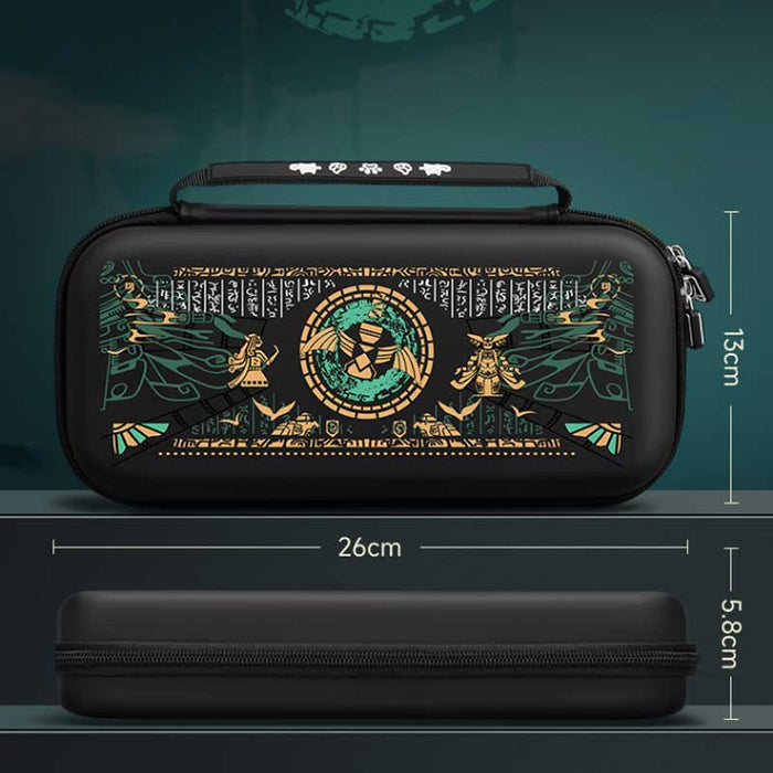Tears of the Kingdom Switch Carrying Case: black, dark green The Legend of Zelda-themed imagery, game-themed decorative style