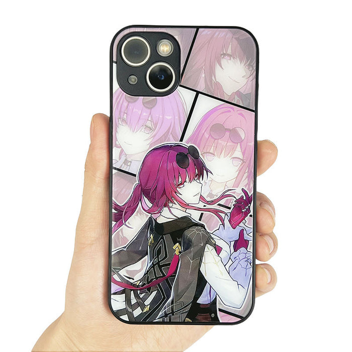 Tempered Glass Phone Case with Characters: black, pink anime-style female character, anime, cartoon style