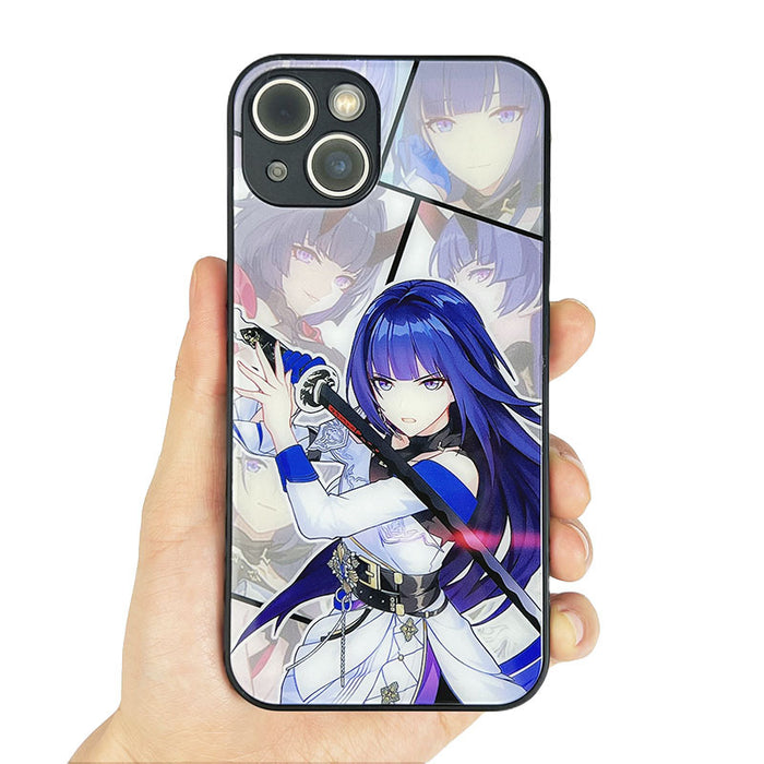 Tempered Glass Phone Case with Characters: black, pink anime-style female character, anime, cartoon style