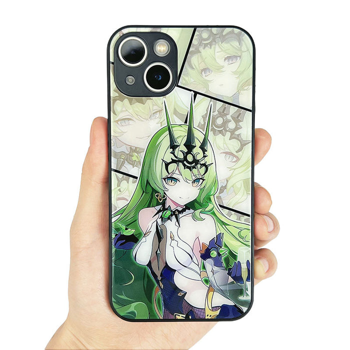 Tempered Glass Phone Case with Characters: black, pink anime-style female character, anime, cartoon style