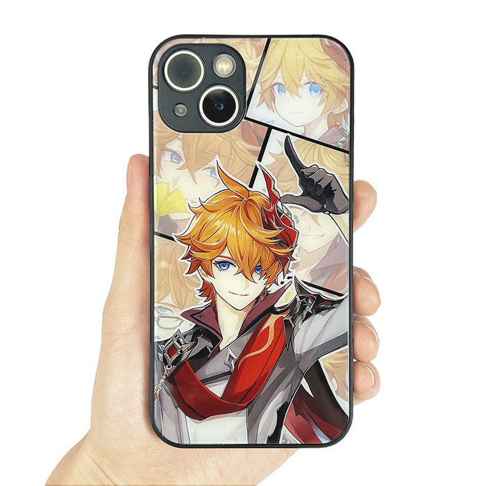 Tempered Glass Phone Case with Characters: black, pink anime-style female character, anime, cartoon style