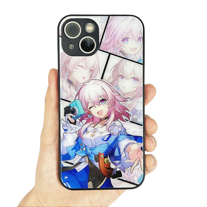 Tempered Glass Phone Case with Characters: black, pink anime-style female character, anime, cartoon style