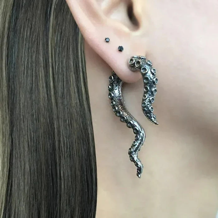 Tentacular Earrings: silver, dark gray octopus tentacle, realistic gothic style
