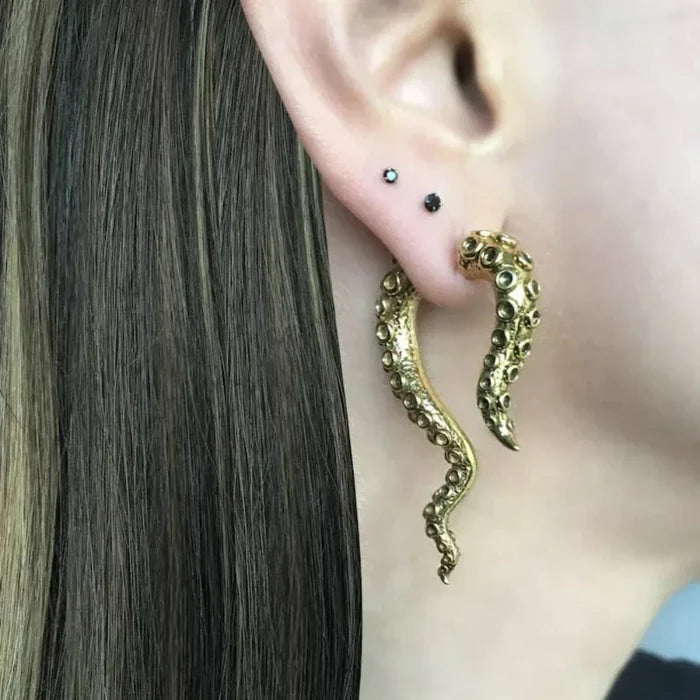 Tentacular Earrings: silver, dark gray octopus tentacle, realistic gothic style