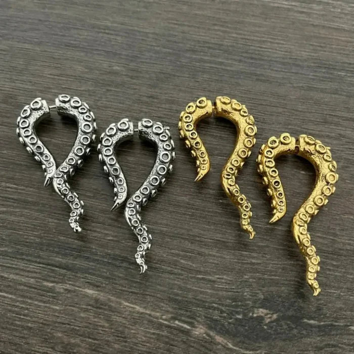 Tentacular Earrings: silver, dark gray octopus tentacle, realistic gothic style