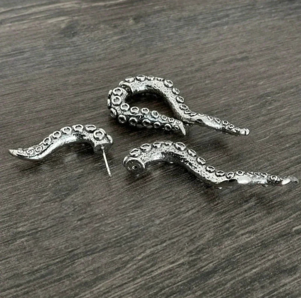 Tentacular Earrings: silver, dark gray octopus tentacle, realistic gothic style